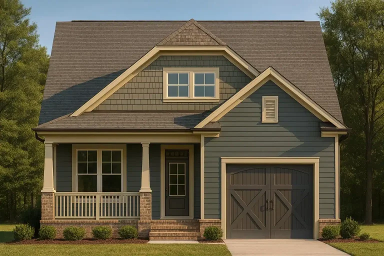 Front elevation of Craftsman cottage style home with horizontal lap siding, shake shingle gables, brick base, and single-car garage