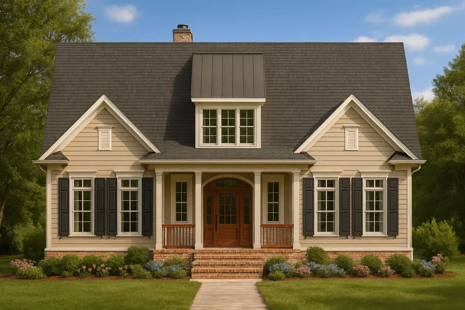 Cape Cod style home with steep gable roof, dormer, and central entry porch