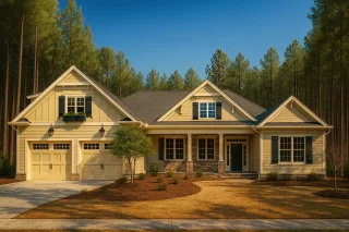 Suggested Alt Text: Craftsman house plan exterior with double gables, front porch, and stone accents