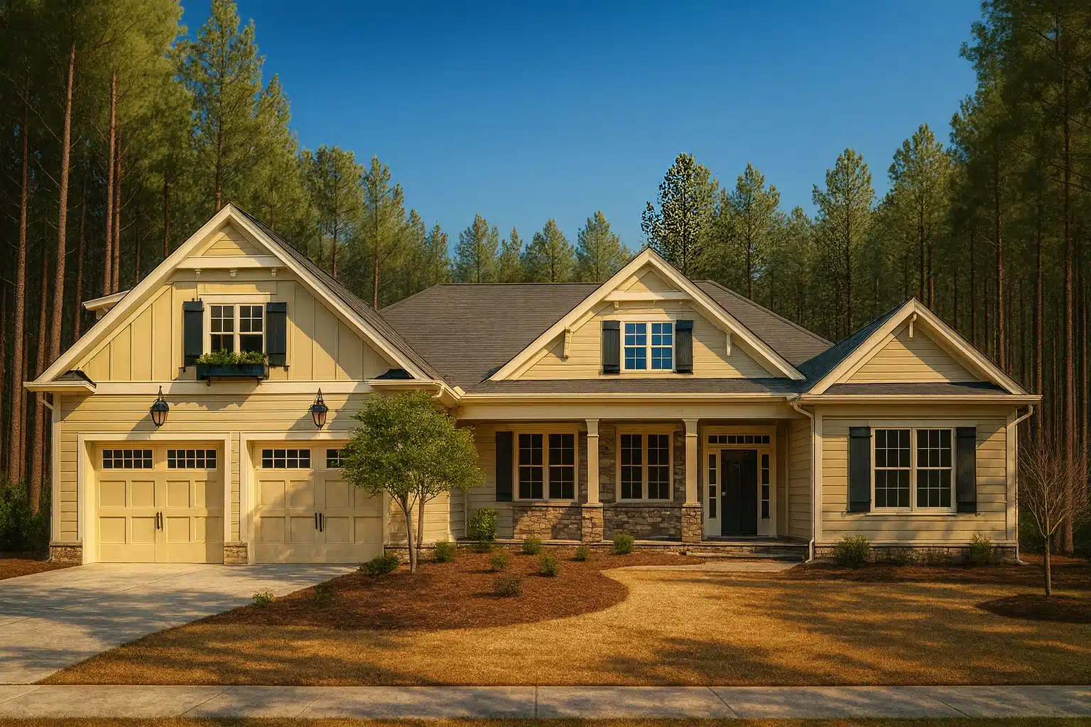 Front elevation of traditional ranch style home with horizontal lap siding, shake accents, gabled rooflines, and covered entry porch