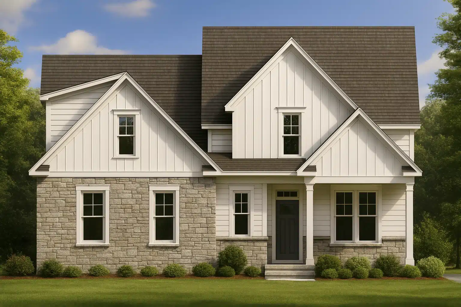 Front elevation of a Modern Farmhouse with white board and batten siding, stone veneer base, gabled rooflines, and covered entry porch