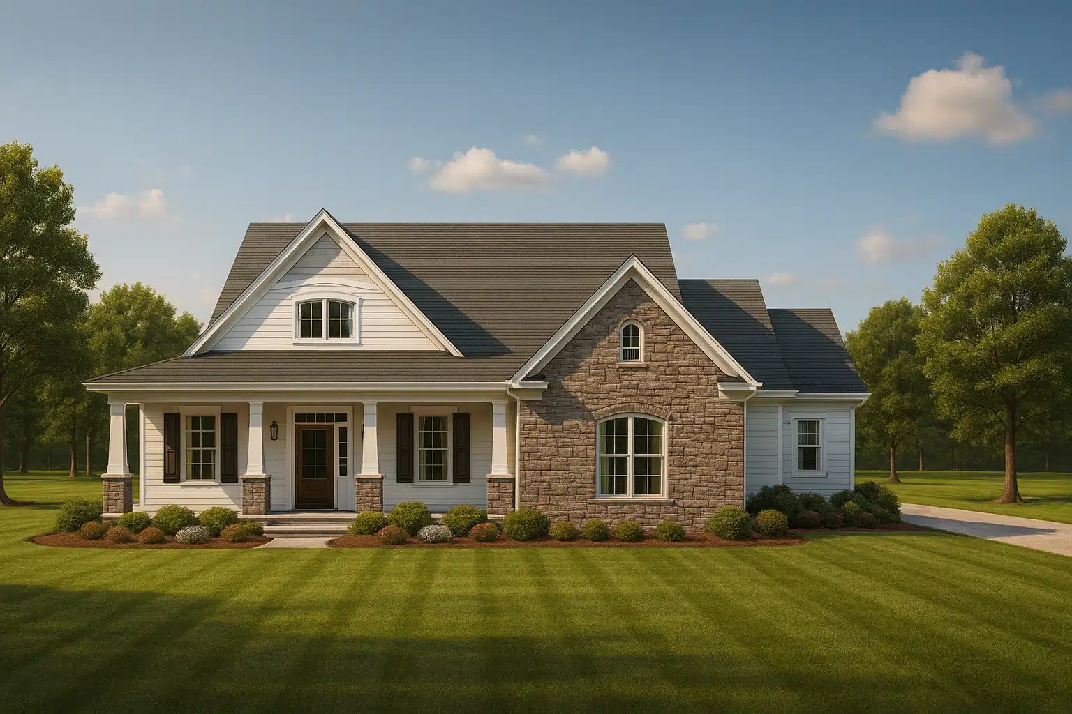 Front elevation of a modern farmhouse style home featuring white board and batten siding, stone accents, gabled rooflines, and an attached two-car garage