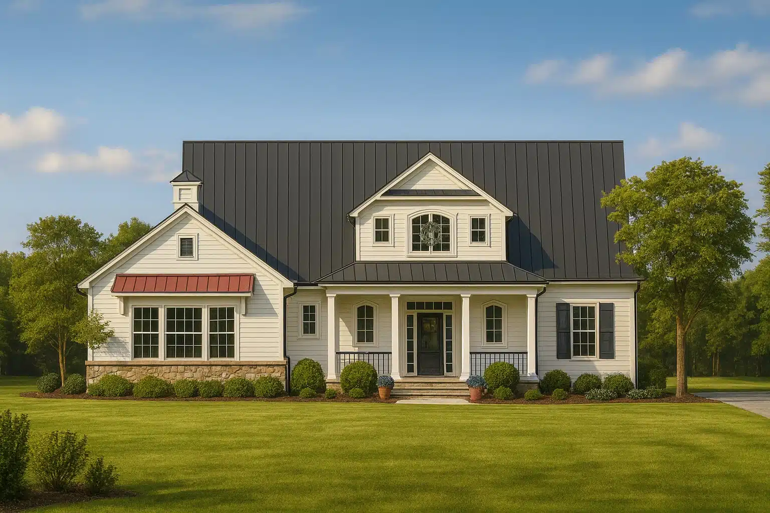 House Plans with Recreation Room 1 Front elevation of a modern farmhouse style home featuring board and batten siding, symmetrical façade, metal roof, and covered front porch