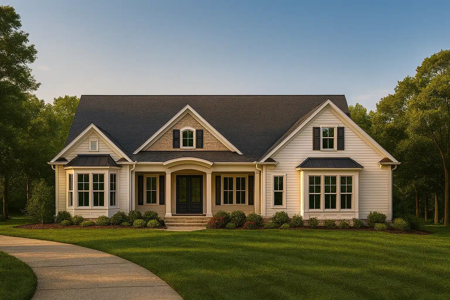Front elevation of a Cape Cod style house featuring symmetrical design, horizontal siding, multi-pane windows, and a welcoming covered entry