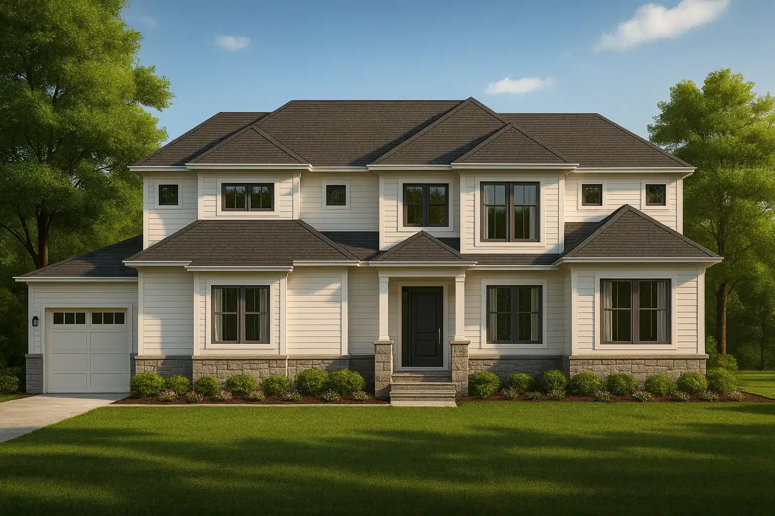 Mediterranean House Plans 3 Front elevation of New American style two-story suburban home with horizontal lap siding, board and batten accents, and symmetrical facade