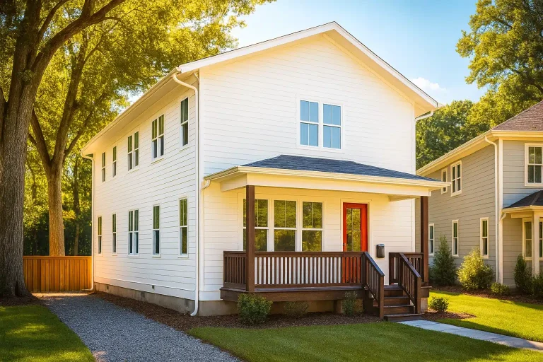 Modern Farmhouse style home with white horizontal siding, simple gable roof, covered front porch, and warm natural surroundings