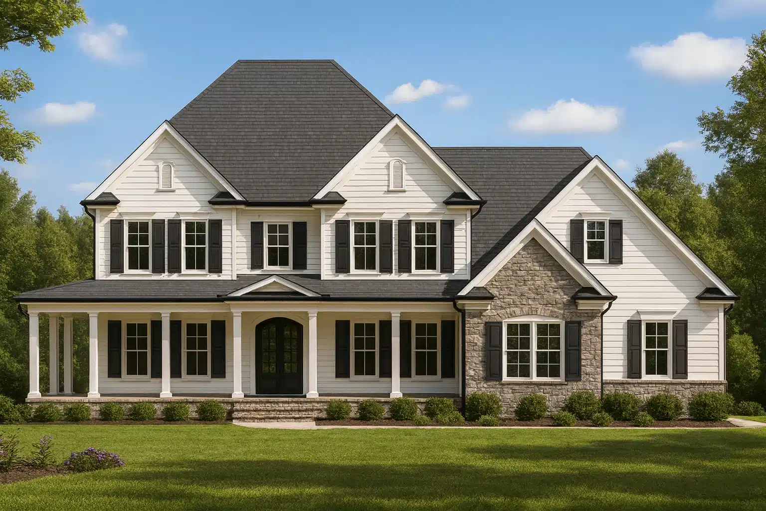 Front elevation of a New American Modern Traditional house with horizontal siding, stone accents, and covered front porch