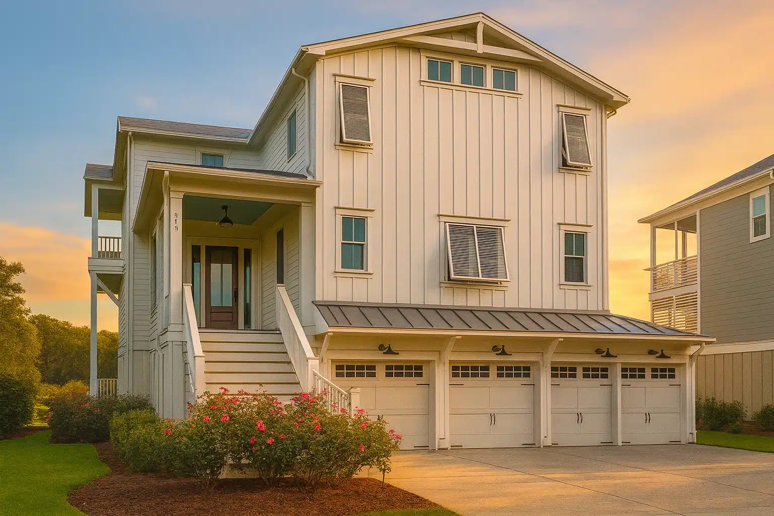 Front exterior view of a Coastal Farmhouse Low Country style home with board and batten siding, elevated living space, covered porch, and multi-car garage