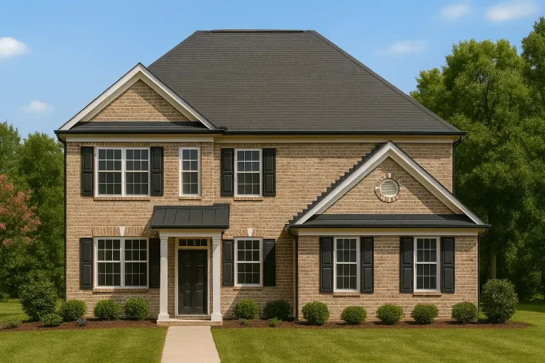 Front elevation of a Traditional Colonial style brick home with black shutters, centered entry, and balanced two-story façade