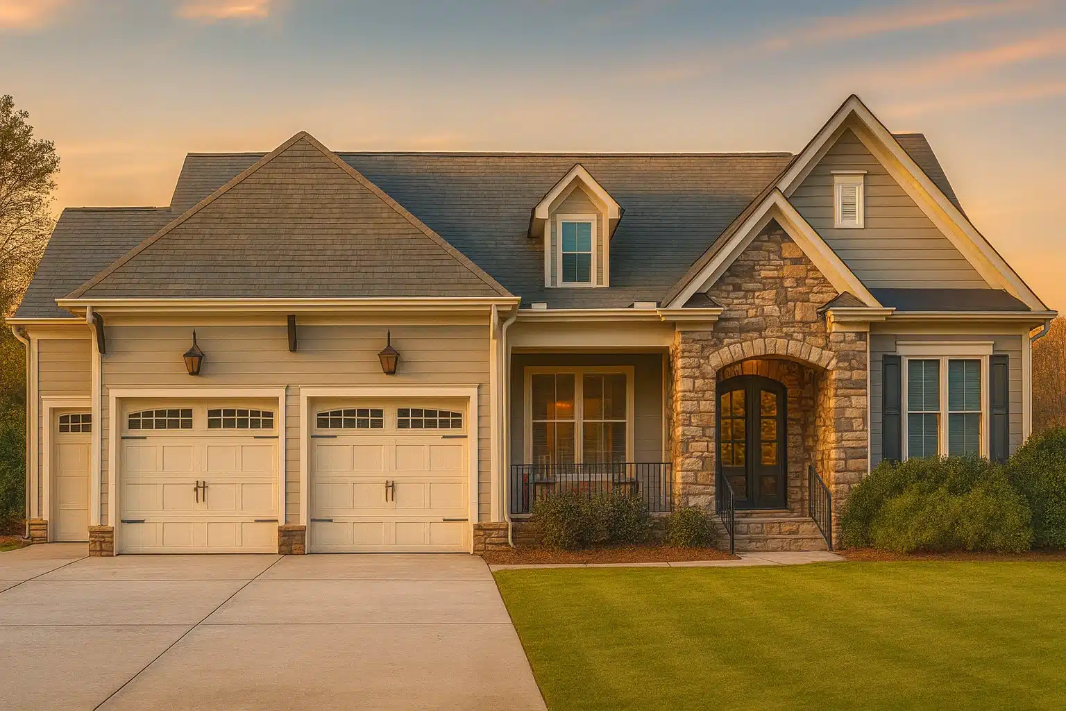 New American Craftsman house design with stone-accented entry, classic siding exterior, balanced rooflines, and timeless suburban character