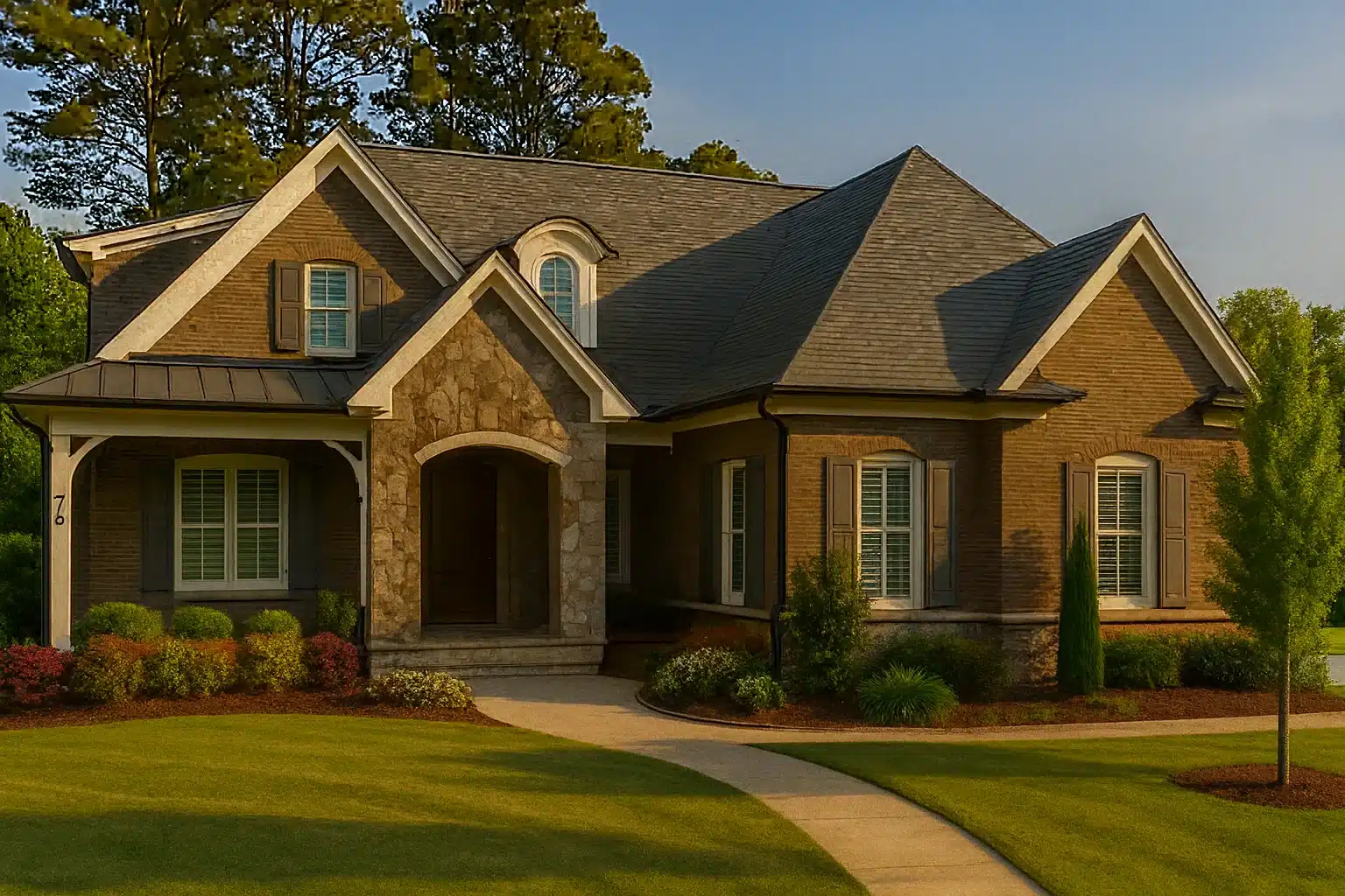 Front elevation of a New American Modern Traditional house with brick and stone exterior, gabled rooflines, and Craftsman-inspired entry