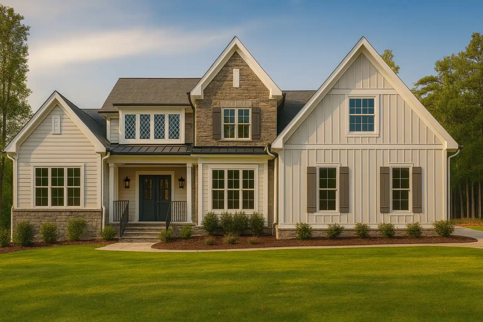 Front elevation of a Modern Farmhouse New American style home featuring board and batten siding, stone accents, gabled rooflines, and a welcoming covered porch