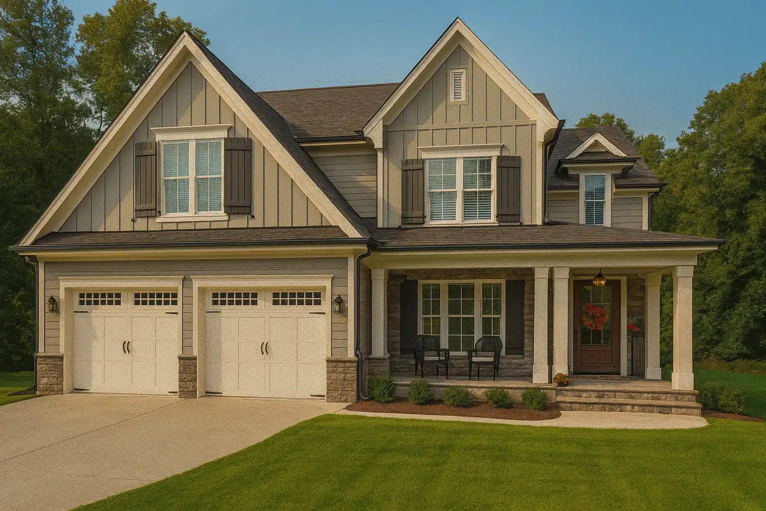 Front elevation of a New American style home with board and batten siding, stone accents, covered porch, and attached garage