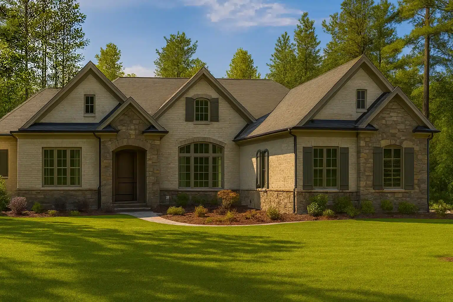 Front elevation of a French Country style home featuring brick and stone exterior, steep gabled rooflines, shuttered windows, and a refined European-inspired design