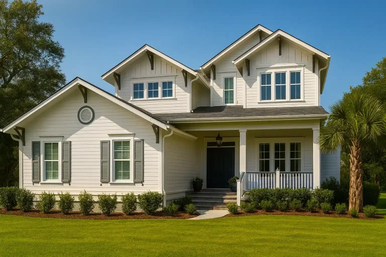Front view of Coastal Farmhouse style home with horizontal lap siding, double gables, shutters, and covered front porch
