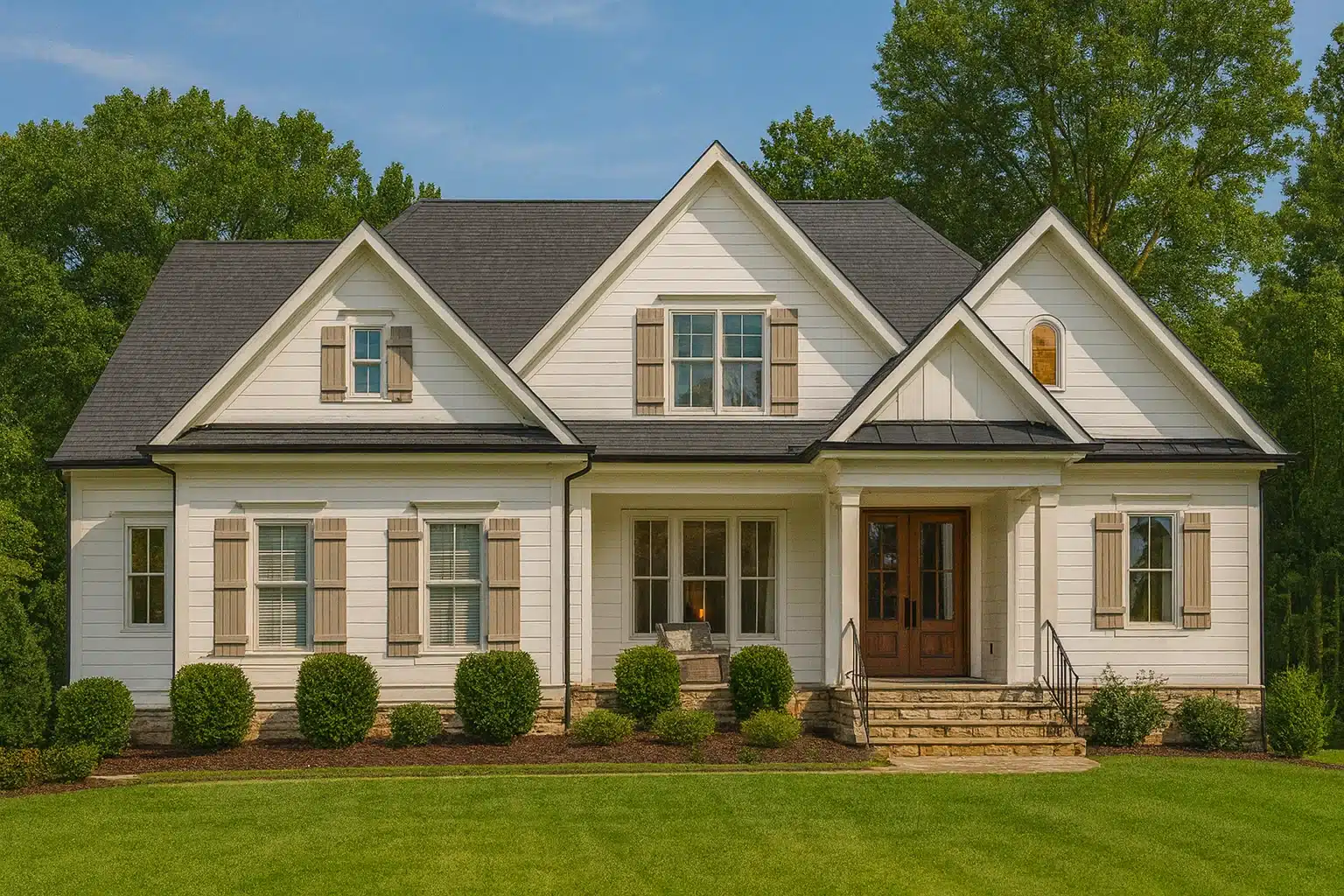 Front elevation of Modern Farmhouse with horizontal lap siding, gabled rooflines, shutters, and covered Southern-style porch