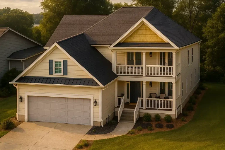 Front elevation of a Southern Traditional style two-story house featuring double stacked porches, horizontal siding, and a welcoming suburban design