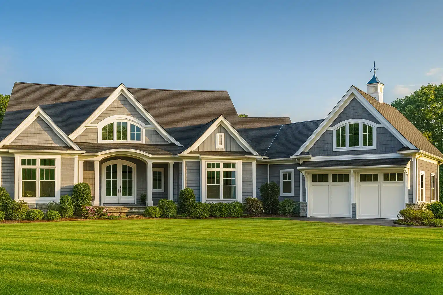 Front exterior of a Shingle Style Coastal home with gray cedar shingles, white trim, gabled rooflines, and attached garage