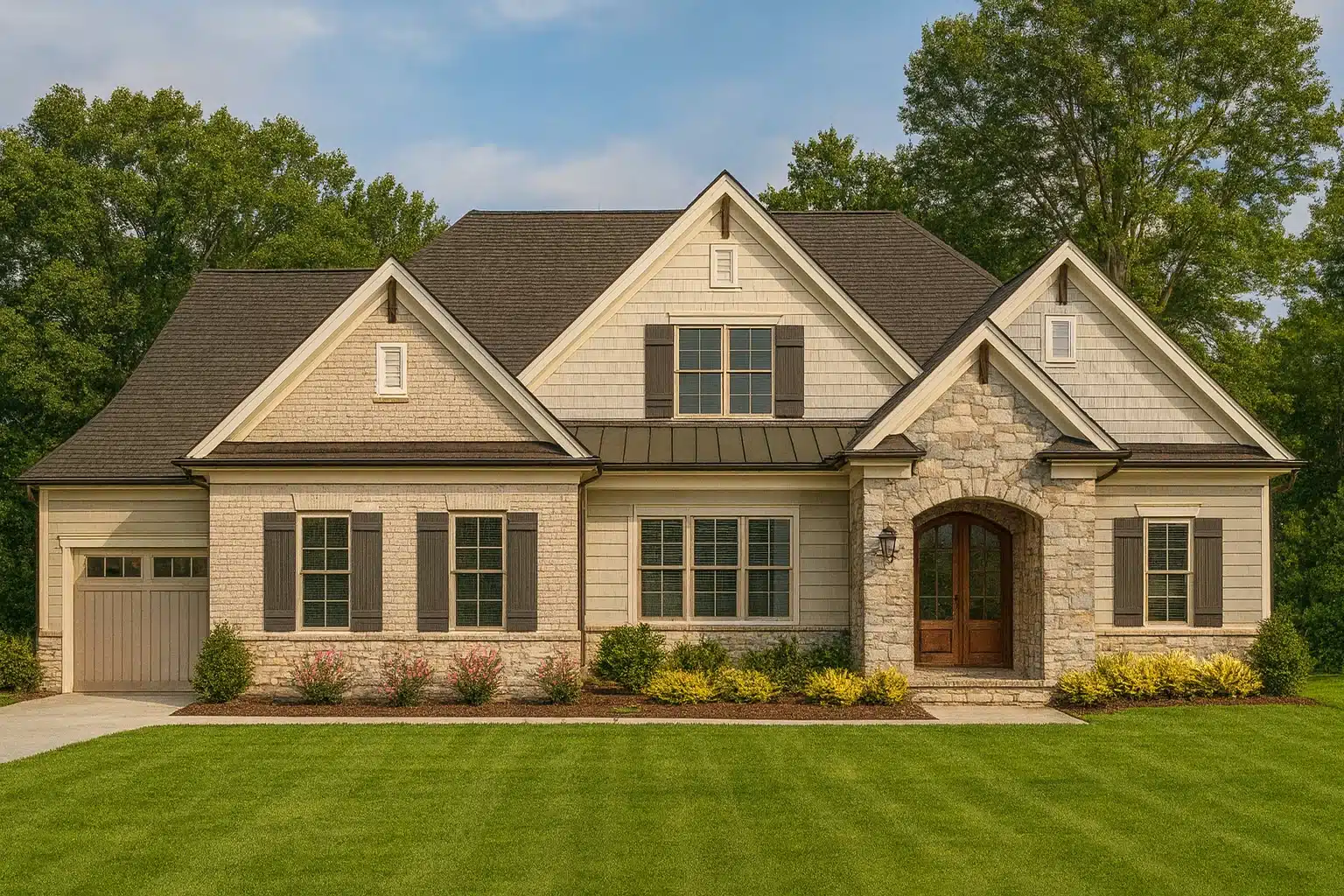 Front elevation of a New American Modern Traditional home featuring stone entry, shingle gables, horizontal siding, and balanced Craftsman detailing