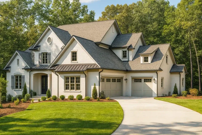 Front elevation of a Modern Farmhouse home with white board and batten siding, stone accents, gabled rooflines, and attached garage