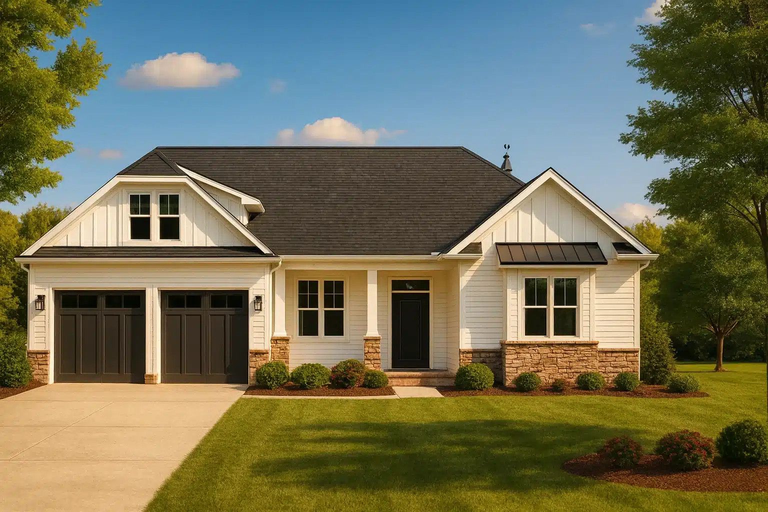 Bed and Bath Features 11 Front elevation of New American Modern Farmhouse style home featuring board and batten siding, brick accents, covered porch, and attached garage