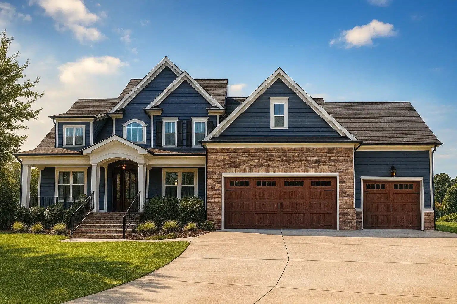 Front elevation of a New American Modern Traditional house with brick and horizontal siding, gabled rooflines, and an attached three-car garage