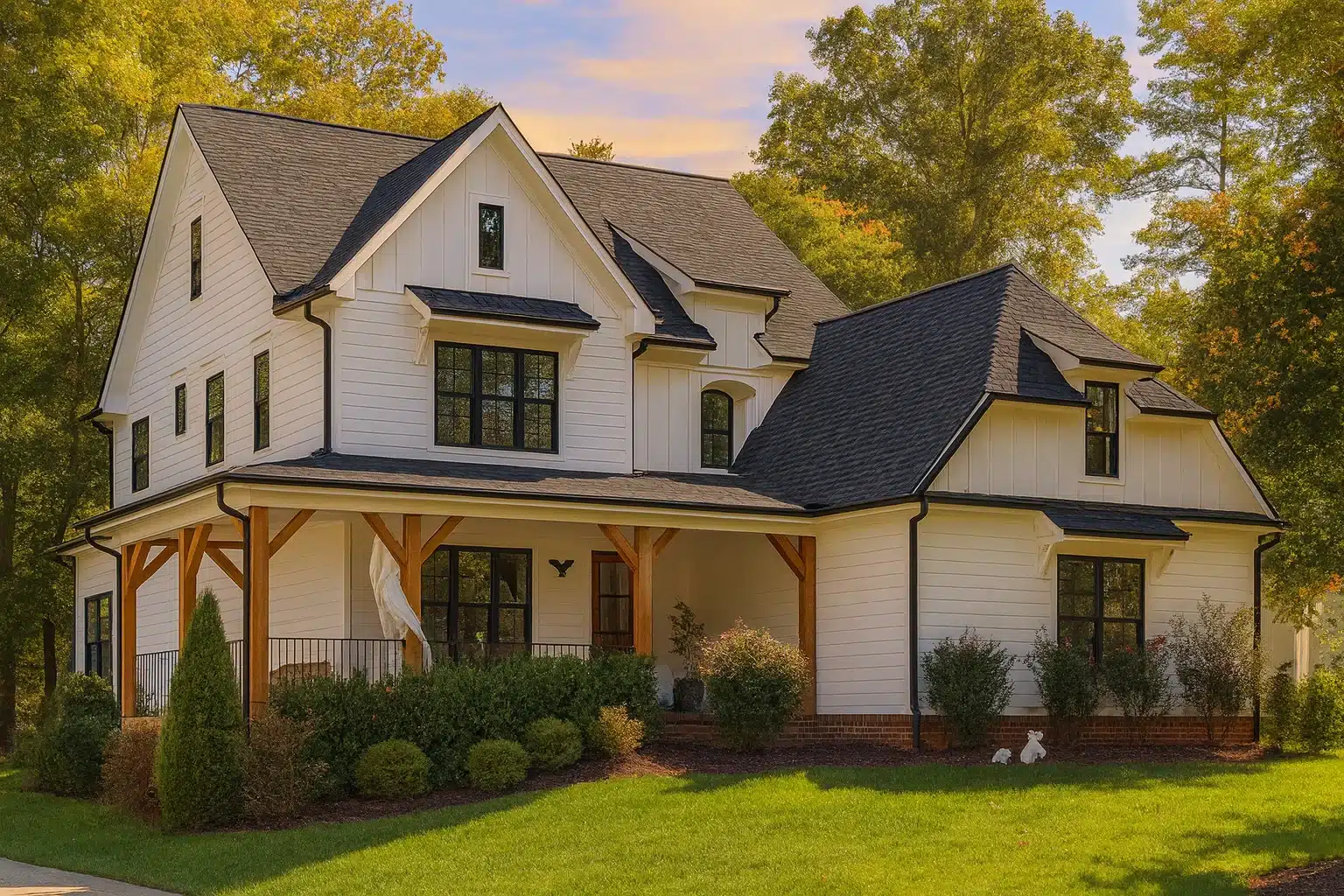 Front exterior of a Modern Farmhouse style home featuring white board and batten siding, black windows, gabled rooflines, and a covered wraparound porch