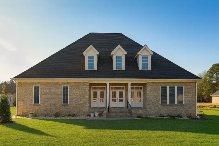 Front elevation of a Traditional Colonial style brick home with symmetrical windows, central entry, and dormer roof design