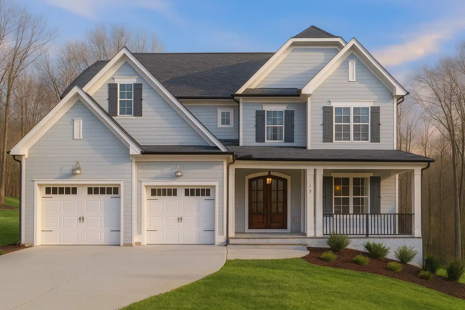 Front elevation of a New American Traditional Colonial style home with horizontal lap siding, board-and-batten accents, symmetrical windows, and a covered front porch