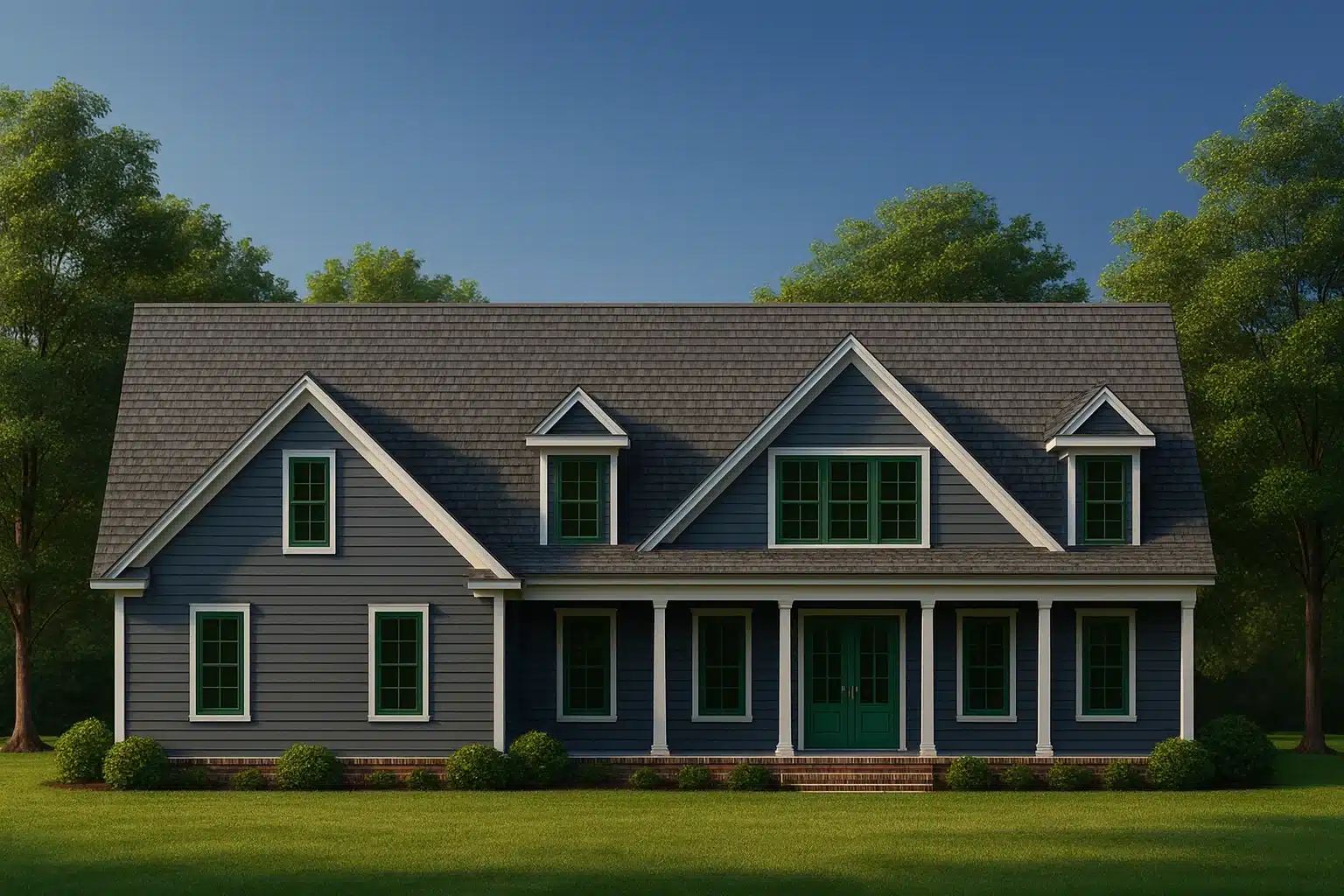 Cabin House Plans 3 Front elevation of a Colonial style home featuring horizontal lap siding, symmetrical windows, steep gable roof, and a full-width covered porch