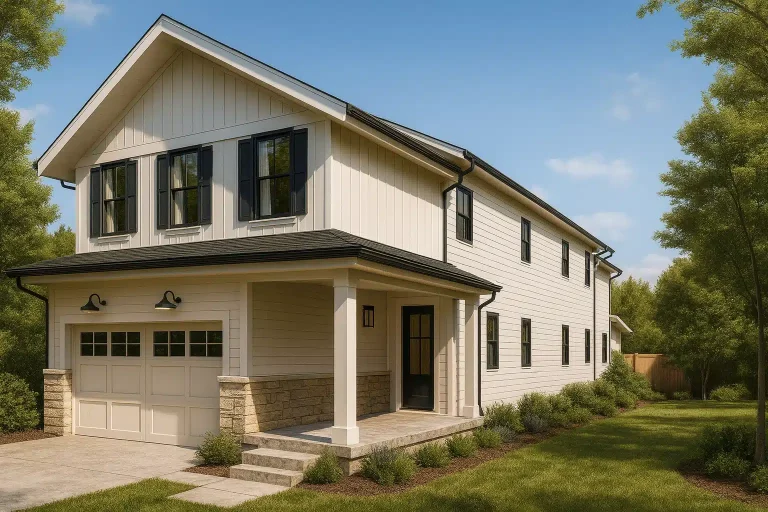 Front exterior view of a modern farmhouse style two-story house featuring board and batten siding, stone accents, black windows, and a covered front porch