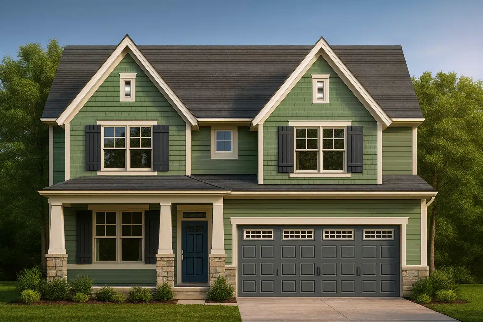 Front elevation of a New American traditional style home with green lap siding, Craftsman accents, stone porch columns, and attached two-car garage