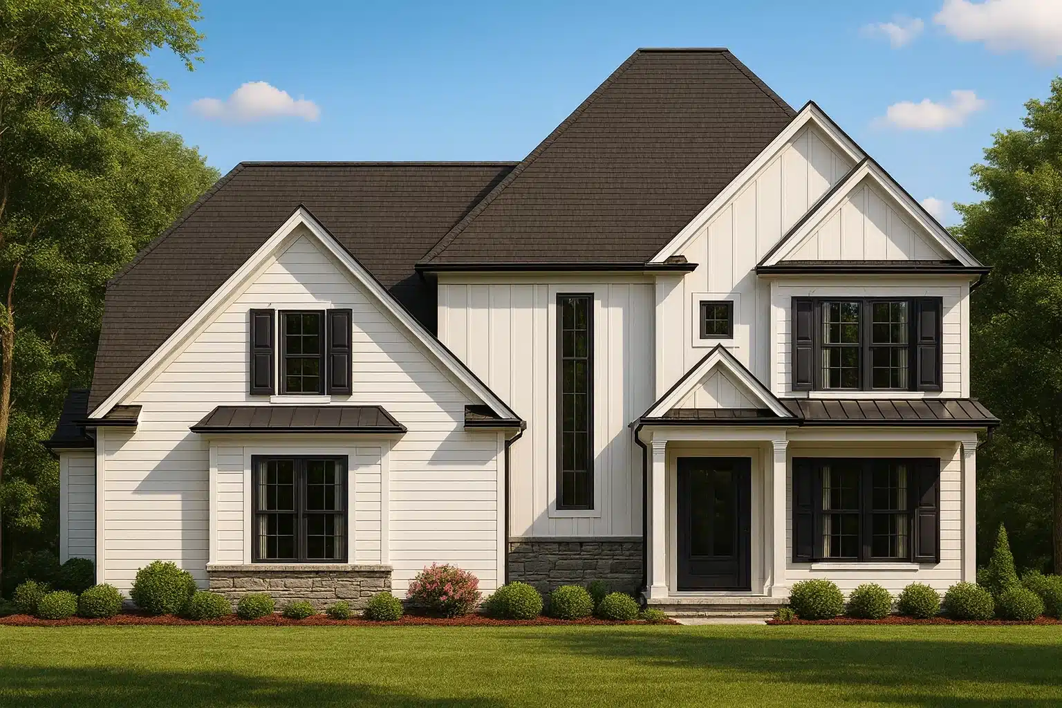 Affordable House Plans 23 Front elevation of a modern farmhouse style home with white board and batten siding, stone foundation accents, black windows, and a steep gabled roof