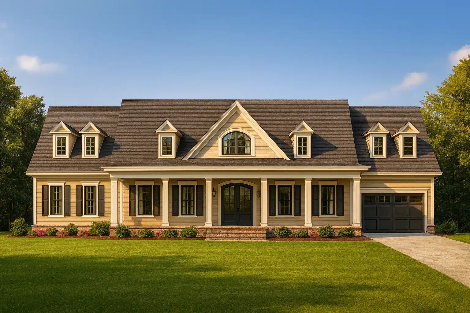 Front elevation of a Colonial Neo-Colonial style home featuring a full-width covered porch, symmetrical facade, lap siding, and brick foundation