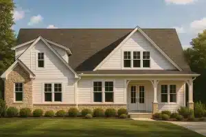 Craftsman-style house plan featuring 3 bedrooms, 3 baths, a 2-bay garage