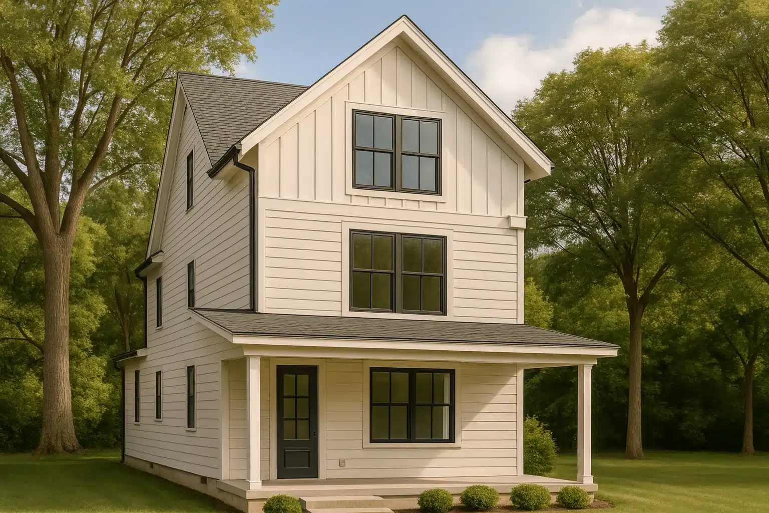 Front exterior of a modern farmhouse style narrow lot home with board and batten siding, covered porch, and simple gabled roof