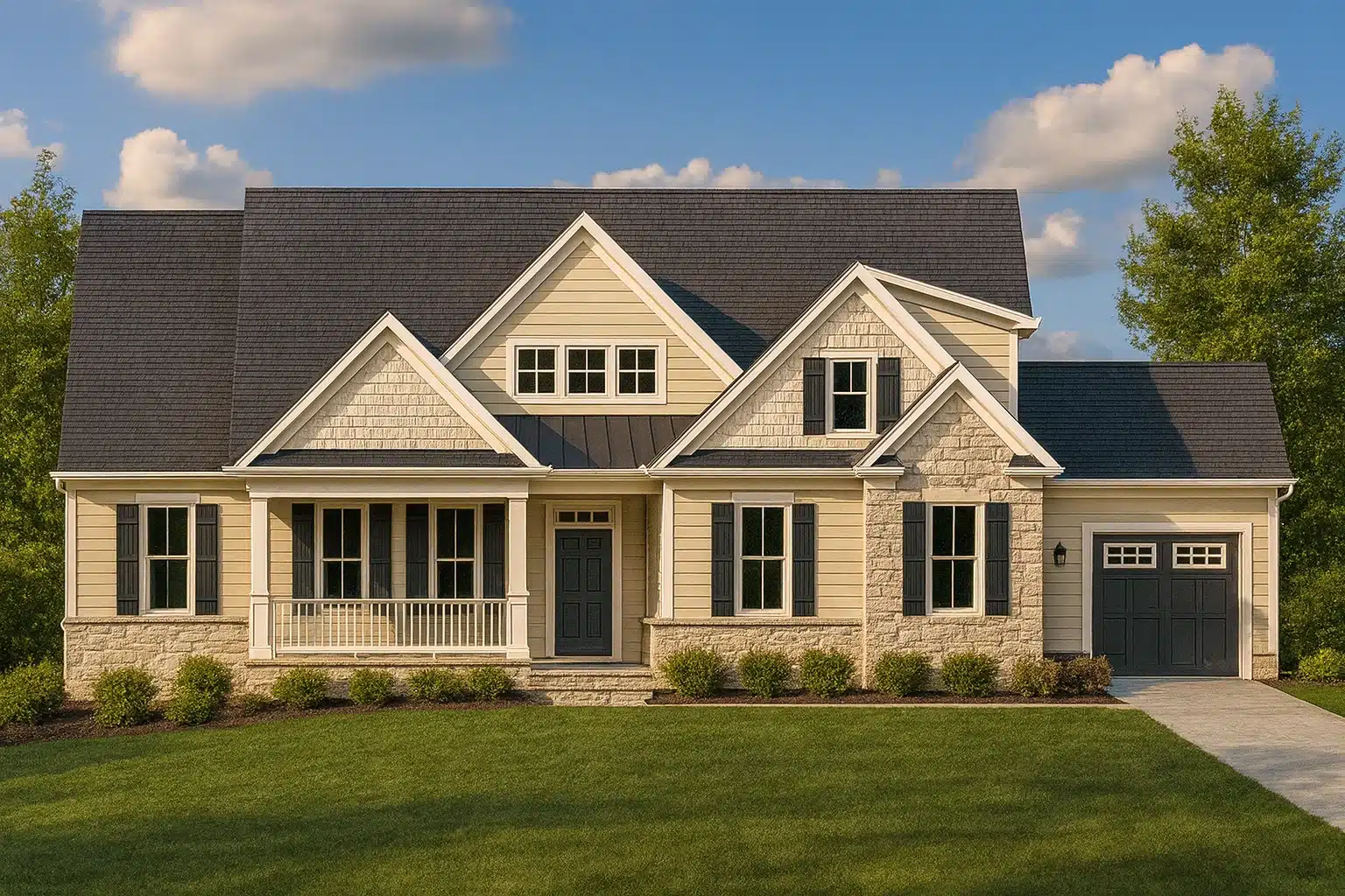 Front elevation of a New American modern traditional house featuring stone accents, horizontal siding, gabled rooflines, and a covered front porch