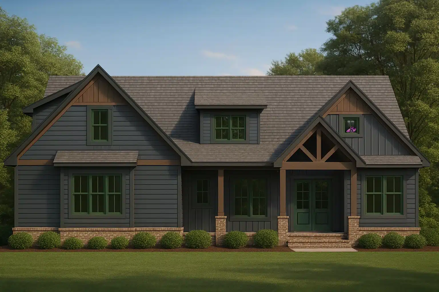 Front elevation of a Craftsman style home featuring board and batten siding, brick foundation, gabled rooflines, and a welcoming covered porch