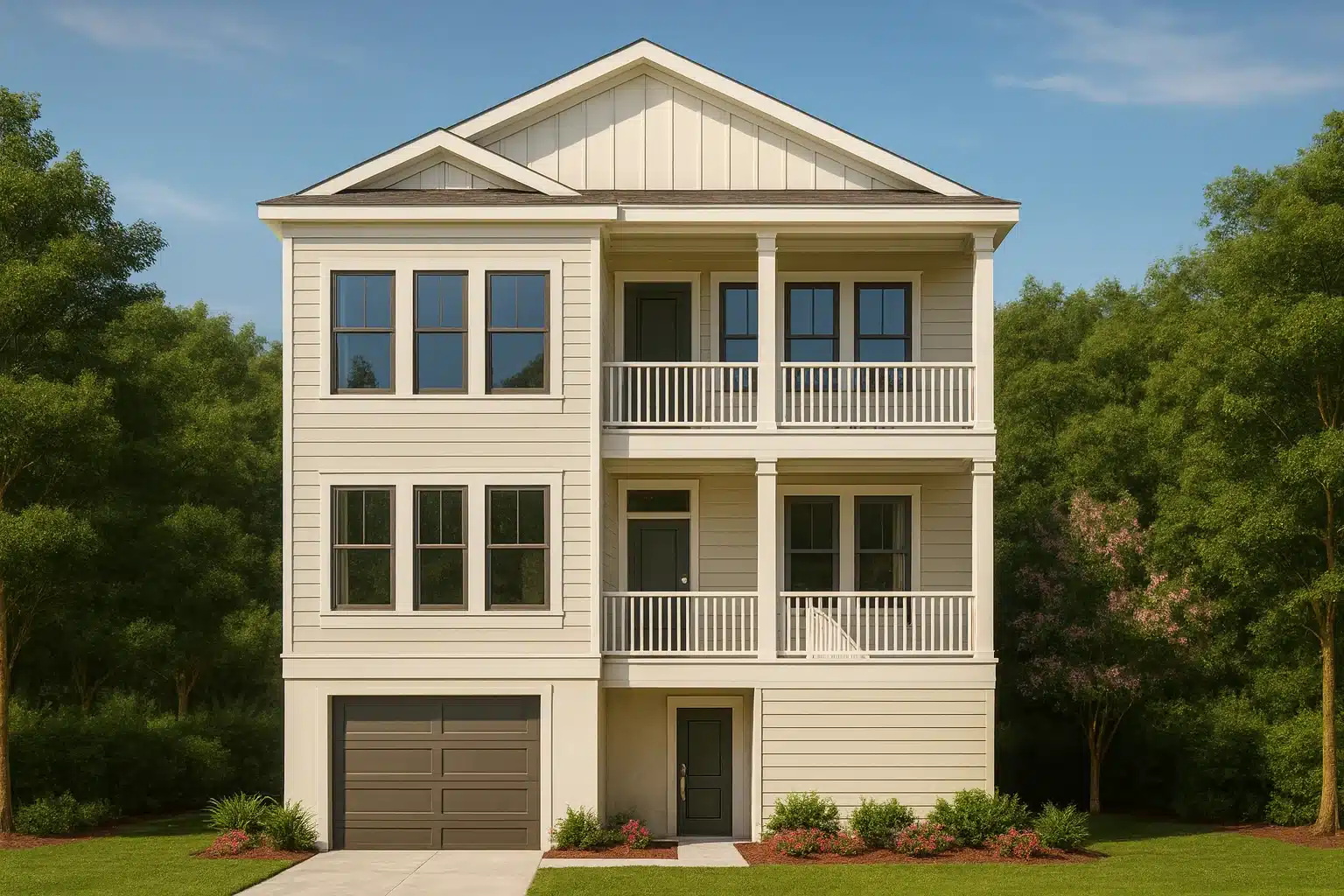 Front elevation of a Charleston style coastal home featuring stacked covered porches, lap siding, elevated living, and classic Southern architecture