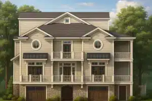 2-story beach house plan with 5,477 heated sq ft, 4 beds, 4 baths