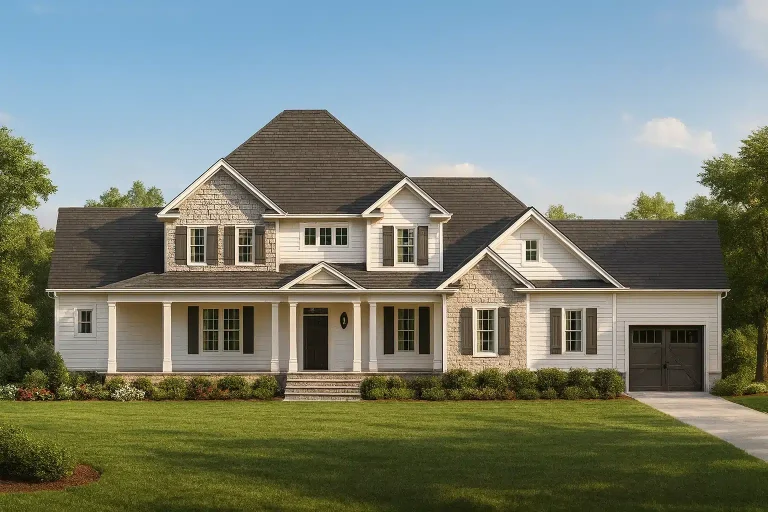 Front elevation of a New American Modern Traditional house with horizontal siding, stone accents, covered porch, and attached garage