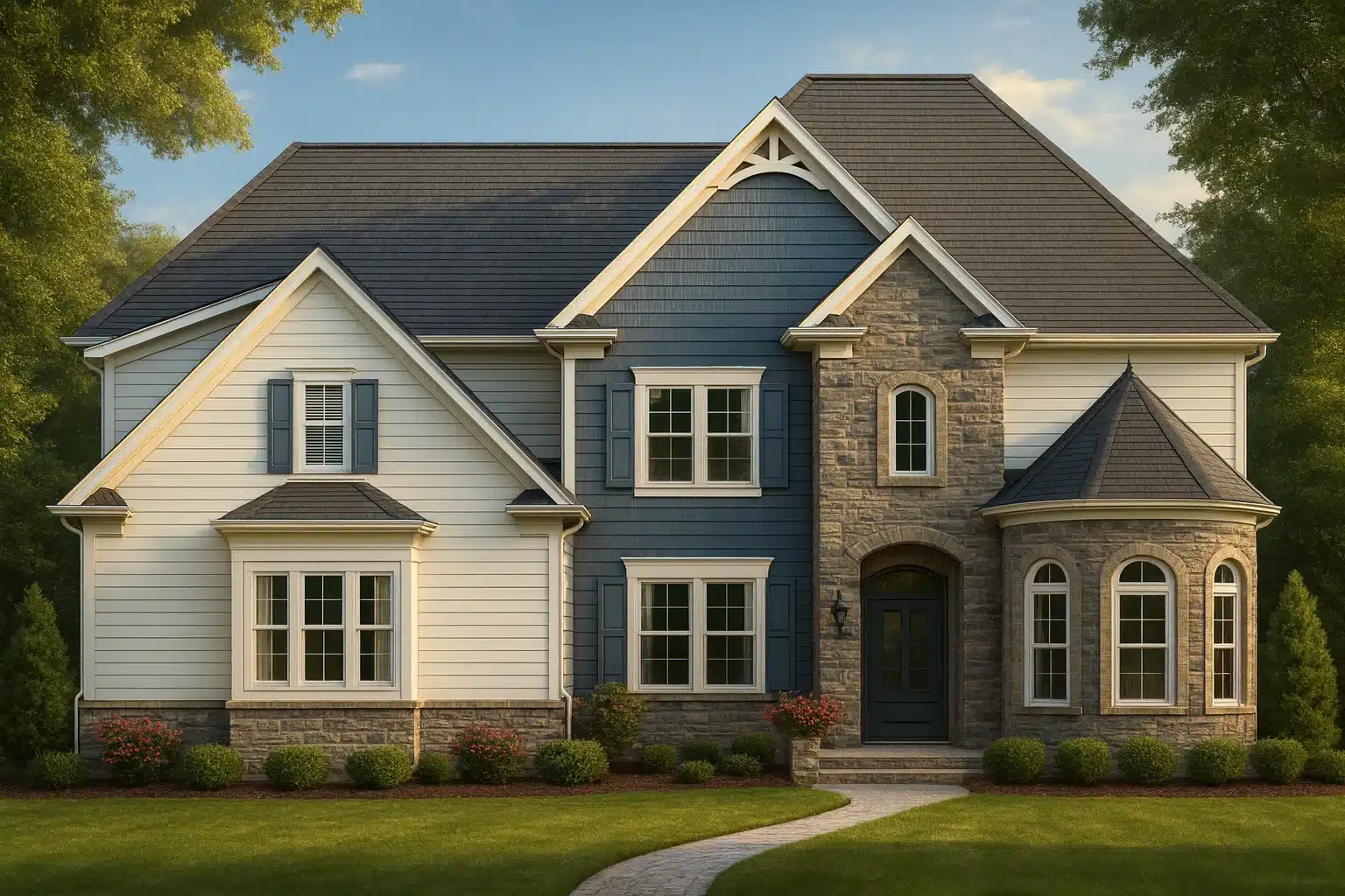 Front elevation of a New American Modern Traditional house with mixed stone and horizontal siding, symmetrical windows, and steep gabled roof