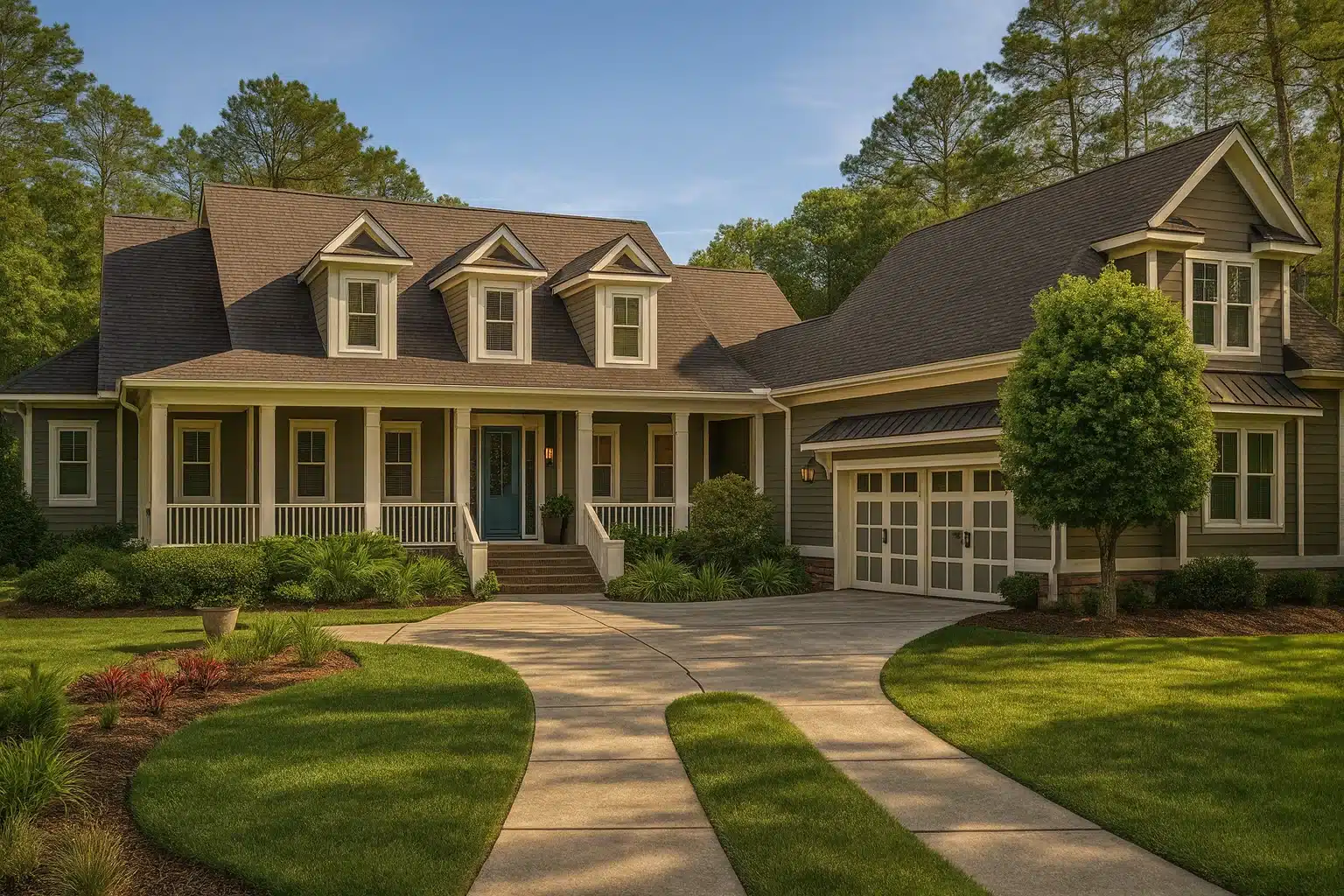 Front exterior of a Southern Farmhouse style home with Low Country architecture, horizontal siding, wraparound porch, dormer windows, and side-entry garage