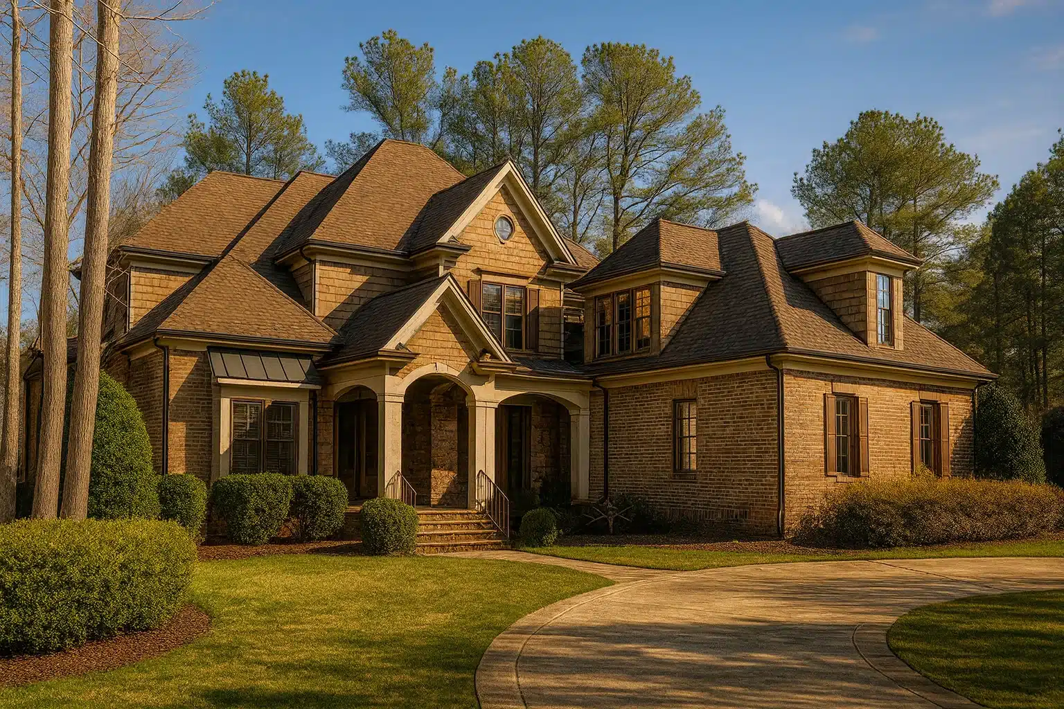 Front elevation of a French Country style luxury home with brick exterior, cedar shake siding, steep gabled rooflines, and arched entry