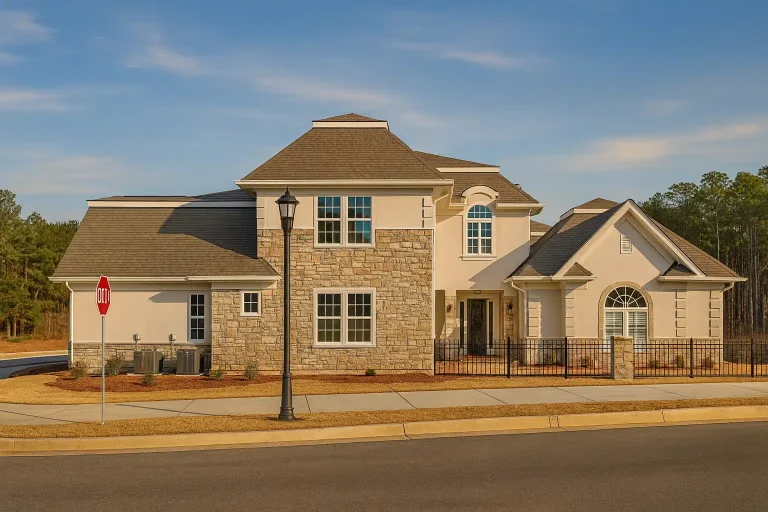 Front elevation of a New American style two-story house featuring stone and stucco exterior, symmetrical windows, and classic suburban curb appeal