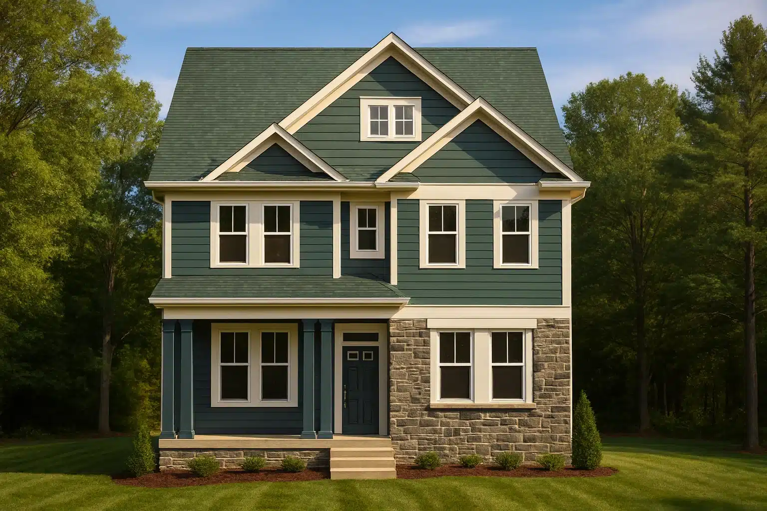 Front elevation of a New American Modern Traditional house with lap siding, stone accents, symmetrical windows, and a covered entry porch