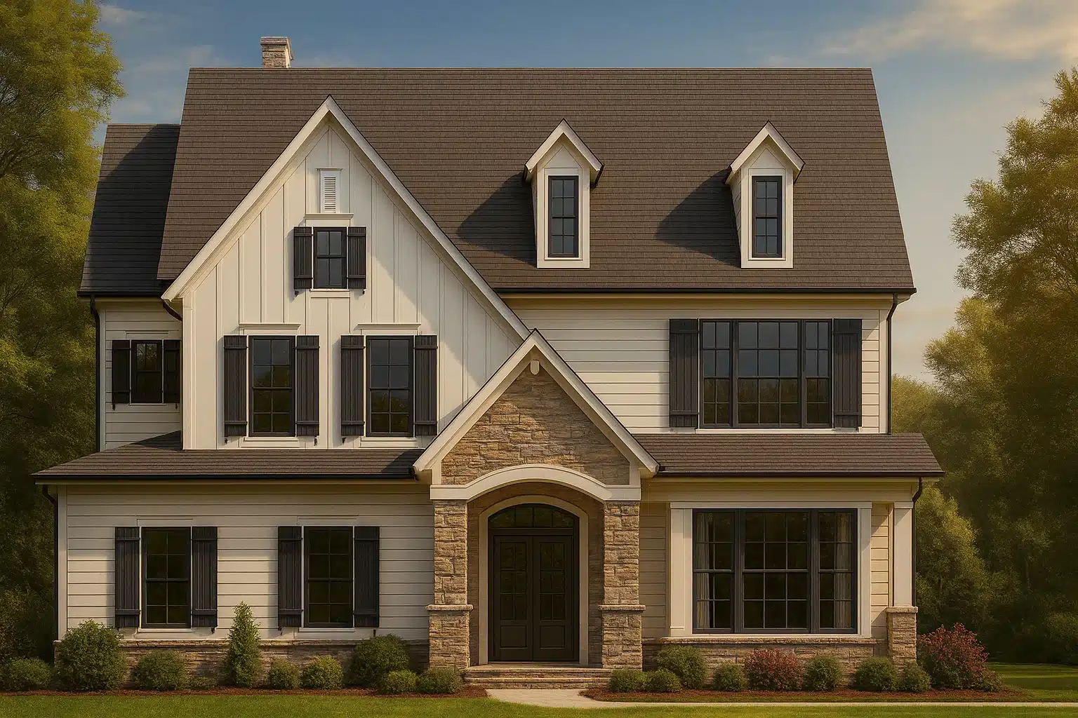 Front elevation of a Modern Farmhouse style home featuring board and batten siding, stone entry arch, black shutters, and symmetrical New American design
