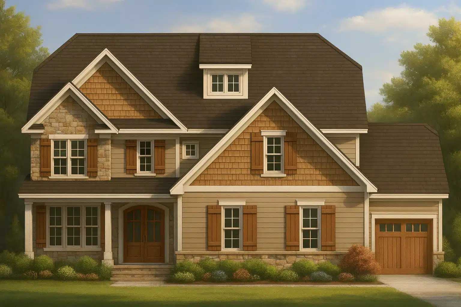Front elevation of a Traditional Craftsman Farmhouse featuring stone accents, lap siding, shake gables, and warm wooden shutters for timeless curb appeal