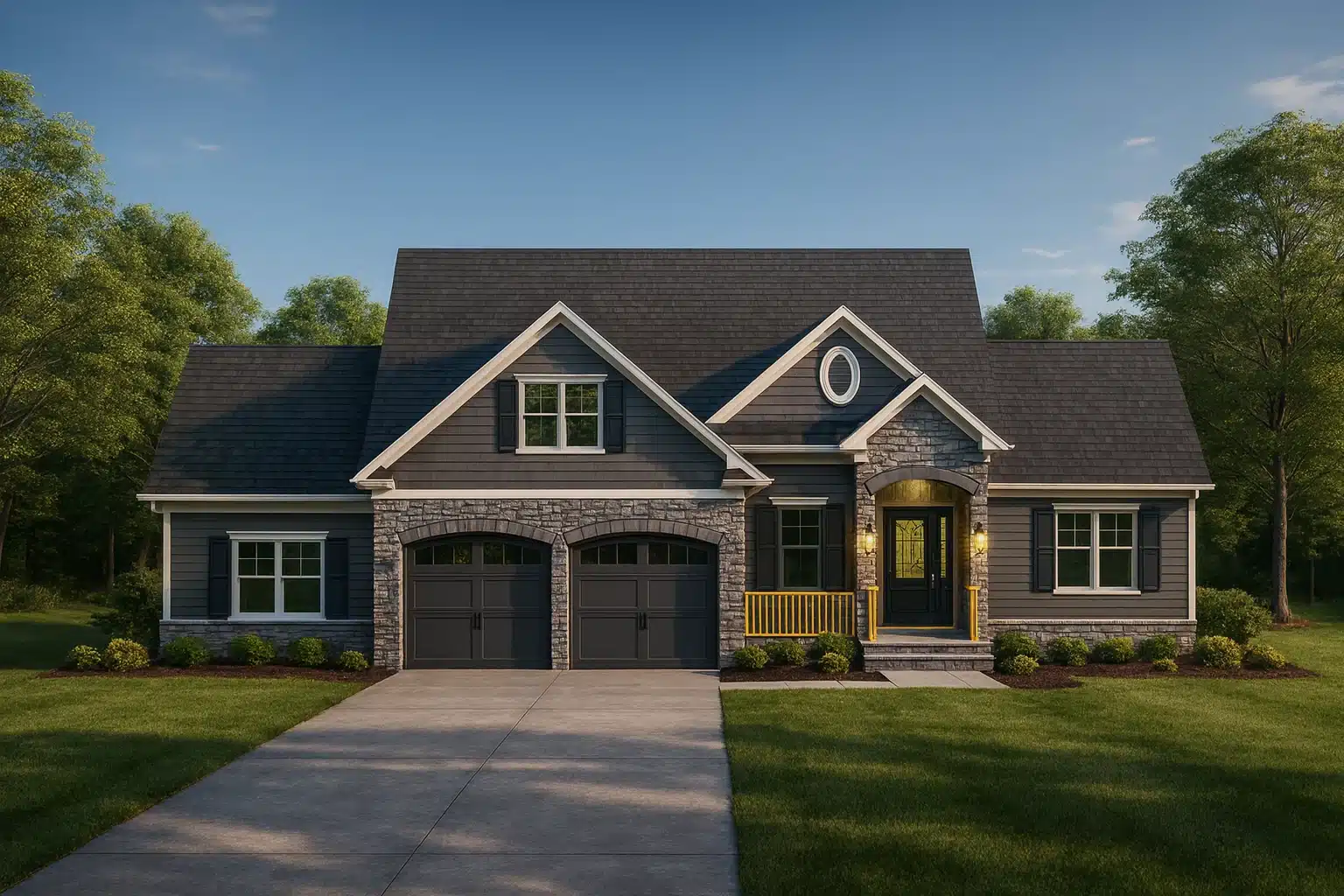 Front exterior view of a New American modern traditional house with horizontal siding, stone accents, gabled rooflines, and a welcoming covered entry