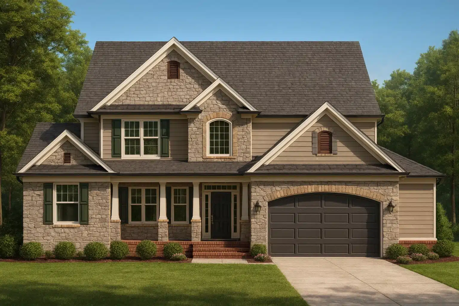 Front elevation of a Traditional Craftsman style home with brick exterior, lap siding accents, gabled rooflines, and attached two-car garage